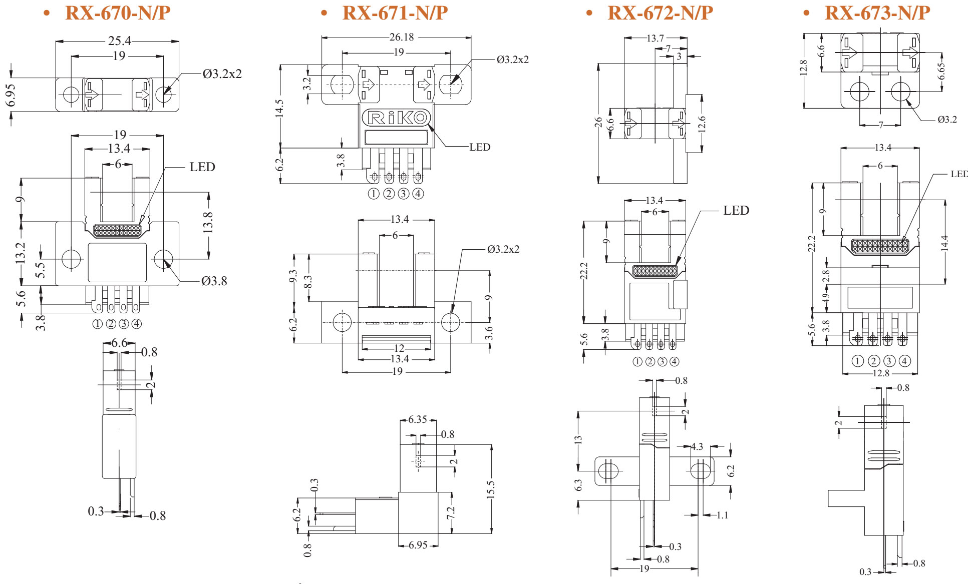 RX PHOELECTRIC SENSOR U SHAPE RX670 RX671 RX672 RX673 DIMENSION