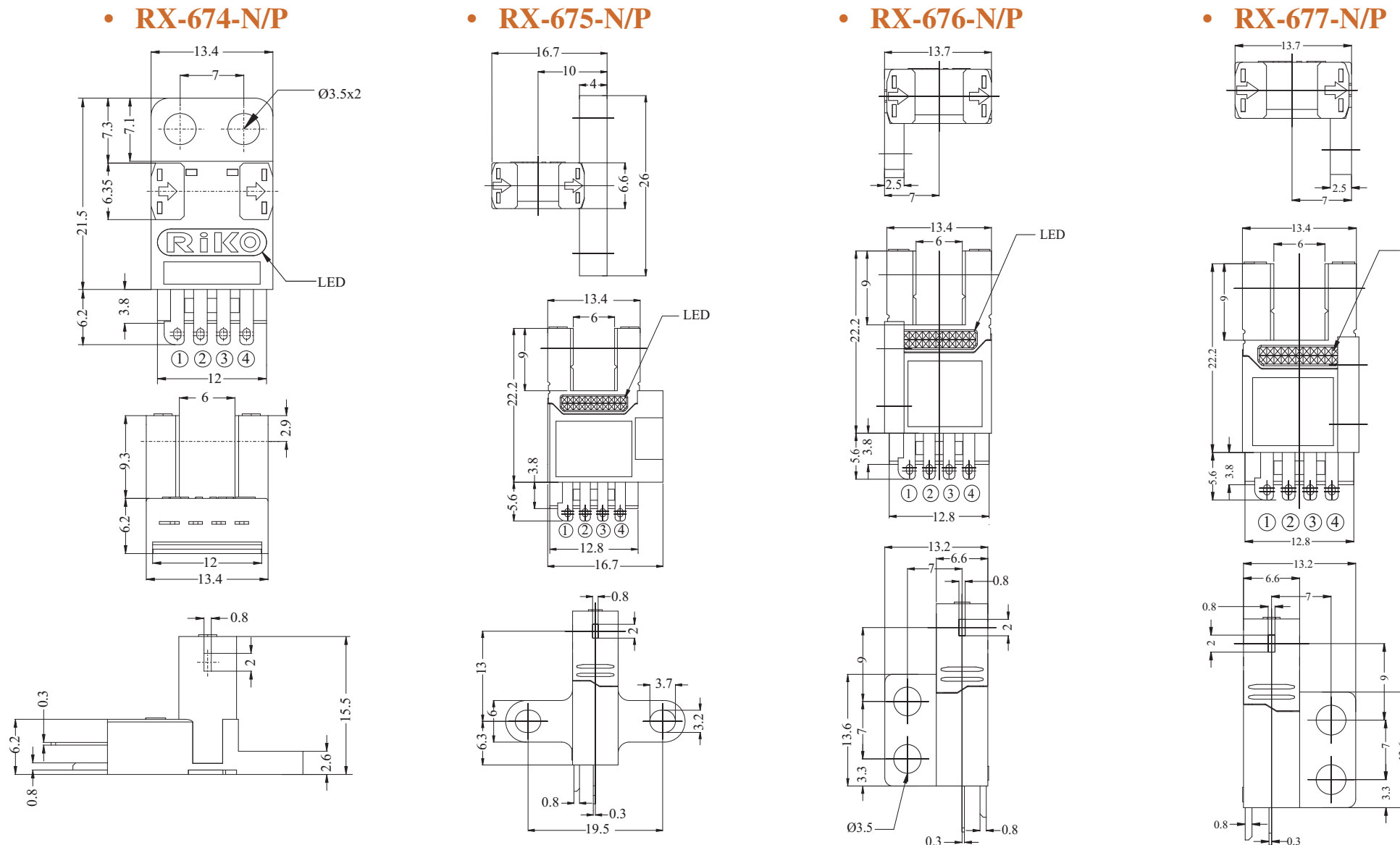 RX PHOELECTRIC SENSOR U SHAPE RX674 RX675 RX676 RX677 DIMENSION